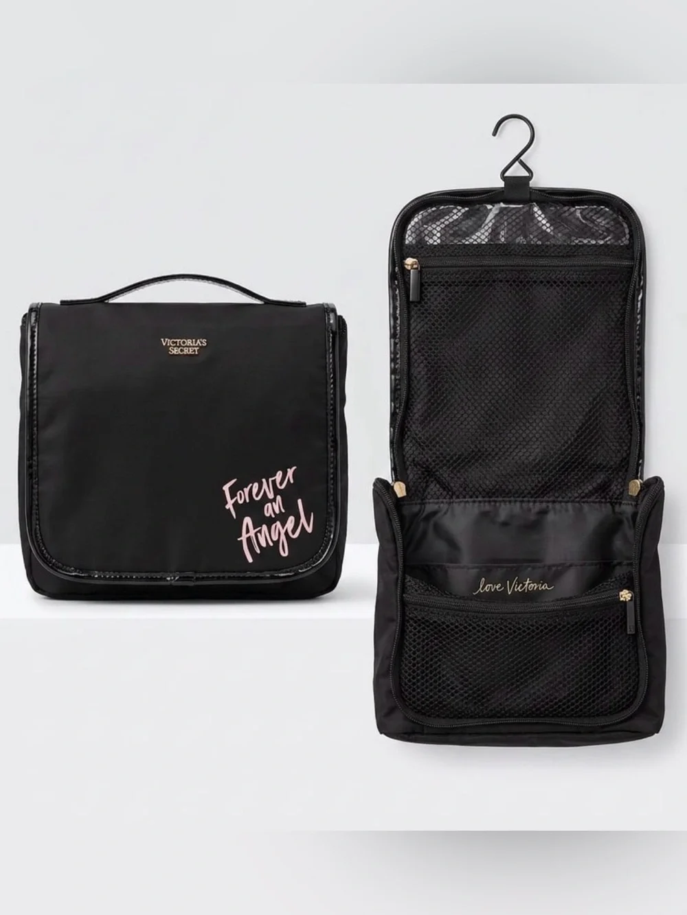 Victoria's Secret NWT Black Cosmetic Bag Set with Pink Forever and Angel - Picture 2 of 2